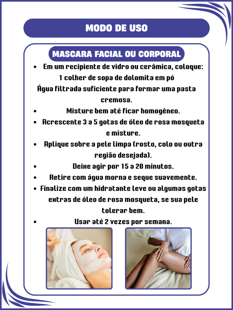 Dolomita Clareadora 200g Pote mais Óleo de Rosa Mosqueta 30ml Cuidados Naturais com a Pele